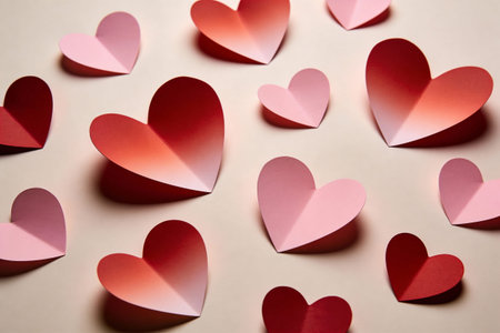A collection of folded paper hearts in various sizes and shades of red and pink are arranged on a...