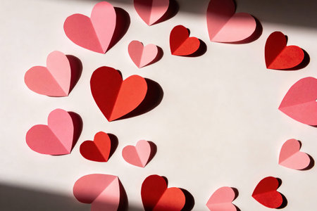 A collection of folded paper hearts in various sizes and shades of red and pink are arranged in a...