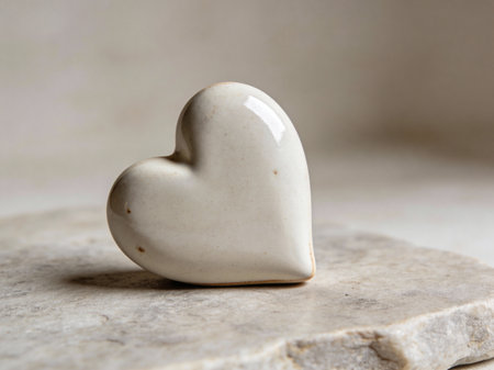 A single, smooth, off-white ceramic heart object rests on a rough, light-colored stone slab with a blurred, neutral backdropの写真素材