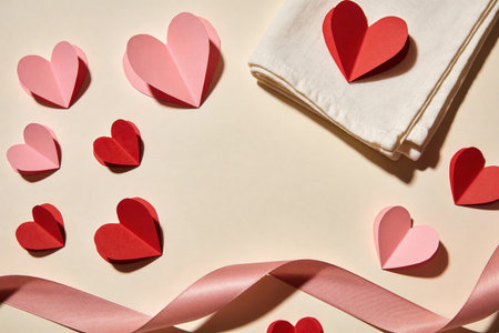 A collection of red and pink folded paper hearts scattered with a delicate satin ribbon and a folded...