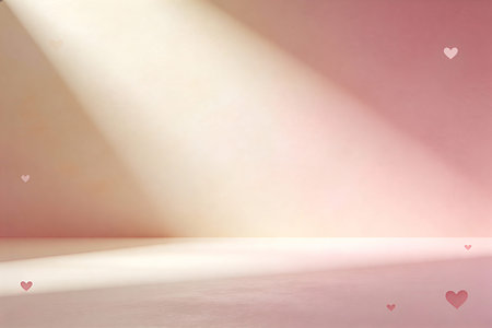 An empty, softly lit room with pastel pink walls and floor, featuring delicate heart shapes and...