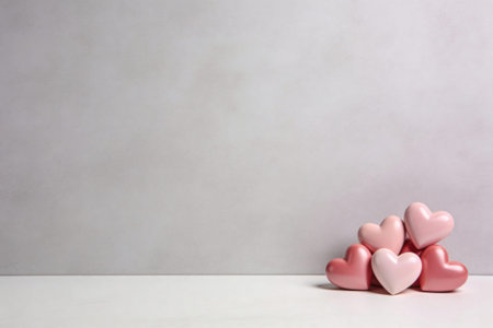 A small stack of glossy heart-shaped candies in varying shades of pink remains on a white surface...