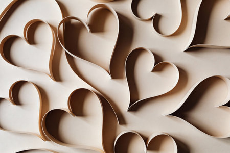A delicate and artistic composition featuring multiple folded paper hearts creating a visually...