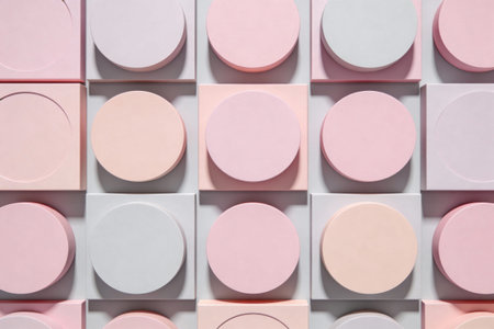 A minimalist arrangement of pastel-colored circles and squares creates a soothing and modern...
