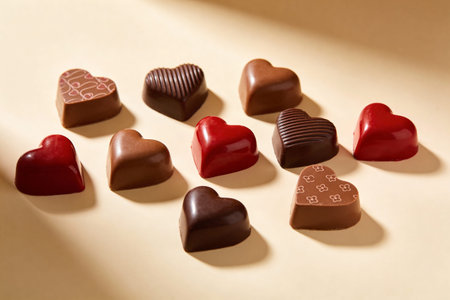A collection of delicious heart-shaped chocolates, some with intricate patterns and others with...