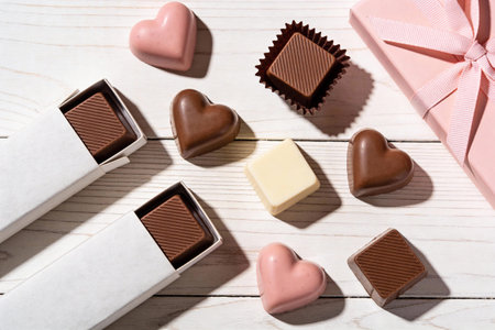 A delightful collection of assorted chocolates, including heart shapes and squares, presented on a...