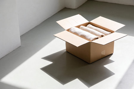 A cardboard box containing neatly rolled textiles sits on a smooth floor, illuminated by sunlight...