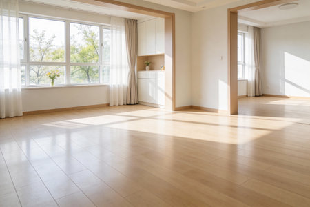 Sunlight casts geometric shadows across the polished wooden floor of a contemporary, unfurnished living space with large windows and sheer curtainsの写真素材