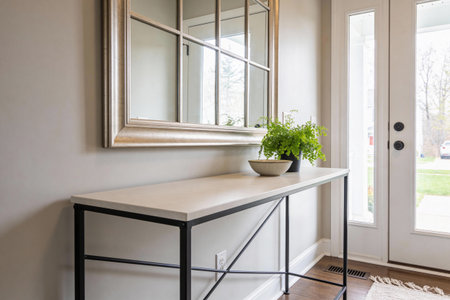A stylish console table with a black metal frame and stone top, adorned with a decorative bowl and lush green plant, placed beneath a large framed mirror in a home entrywayの写真素材