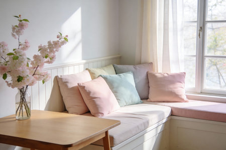 A serene corner of a room features a built-in window seat adorned with soft pastel cushions and a...