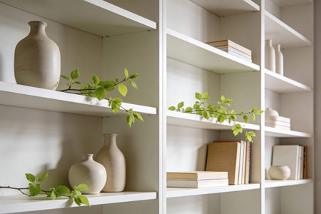 Clean white shelves are adorned with decorative ceramic vases, fresh green foliage, and neatly stacked books, creating a serene and organized displayの写真素材