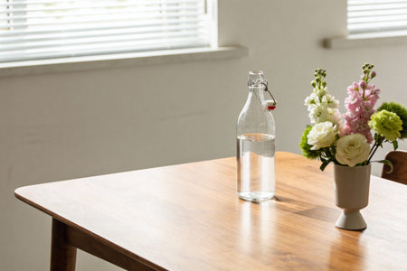 A simple arrangement of a water bottle and a bouquet of fresh flowers sits on a polished wooden...