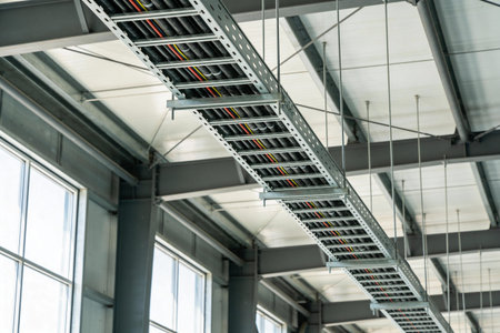 Modern industrial construction featuring extensive overhead cable management systems and structural...