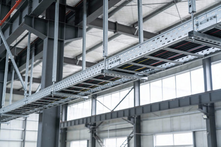 A network of metal cable trays carrying electrical wires is suspended from the ceiling of a modern...