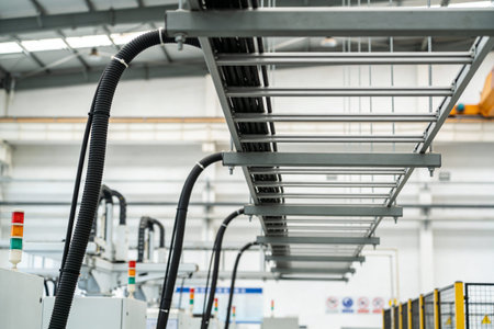 Close-up view of a modern factory floor showcasing a complex network of pipes and wiring above...