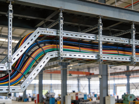A complex network of colorful electrical wires is secured within a perforated metal cable management...