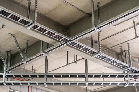 A complex network of suspended cable trays and pipes runs across the ceiling of a contemporary...