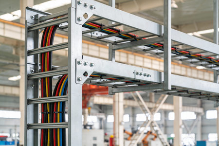 Close-up view of a modern industrial cable tray system holding bundles of multicolored electrical...