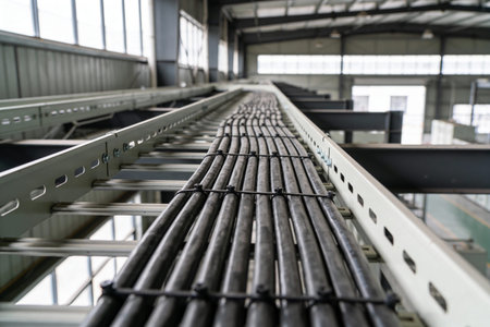 A close-up perspective of numerous black electrical cables neatly bundled and secured on a metal...