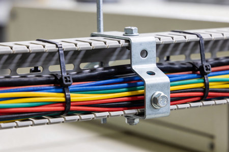 A close-up view shows colorful electrical wires, secured with black zip ties, running through a gray...