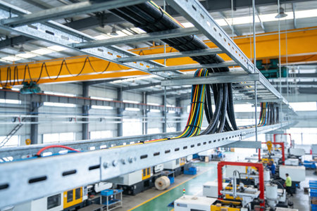 A modern factory interior showcasing neatly arranged electrical conduits and a large yellow overhead...