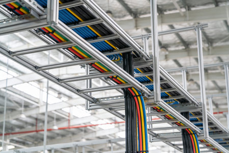 Complex network of colorful electrical cables running through aluminum cable management systems in a...
