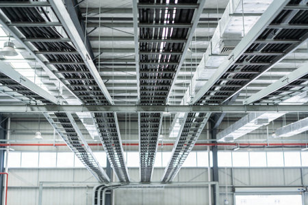 A complex network of metal cable trays and air ducts is neatly arranged on the ceiling of a large...