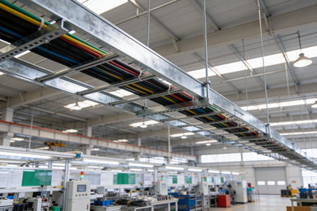 A modern manufacturing facility with neatly arranged power and data cables running through metal...