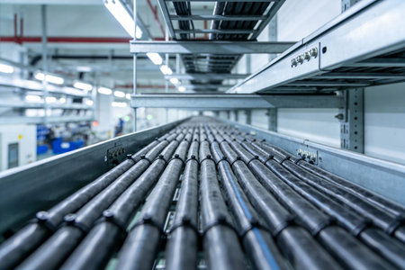 Rows of neatly arranged electrical cables run along a metal tray in a modern industrial facility, highlighting efficient infrastructure and technologyの写真素材