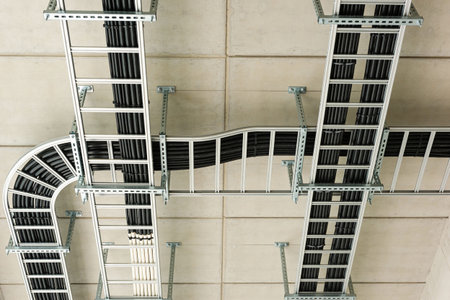 A complex network of metal cable trays and conduits neatly organizes electrical wiring and data...