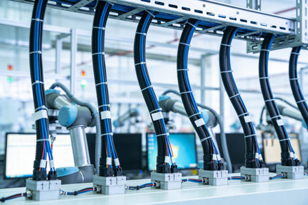 Close-up view of industrial robotic arms and their intricate network of blue and black cables,...