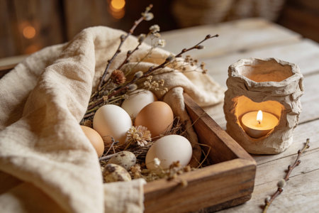 A rustic wooden crate filled with fresh eggs and pussy willow branches sits next to a warm,...