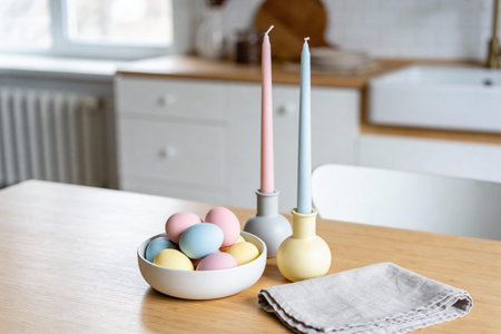 A festive Easter arrangement featuring a bowl of colorful eggs and two elegant taper candles on a wooden table, set against a bright kitchen backgroundの写真素材