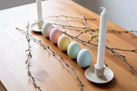 A minimalist Easter arrangement featuring pastel-colored eggs and delicate branches with new buds,...
