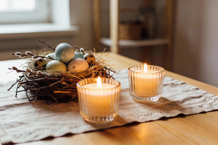 A charming Easter nest filled with decorative eggs and pussy willow branches sits beside two...