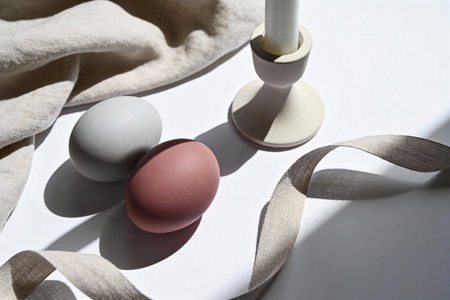 A still life composition featuring two decorative eggs, a simple candle holder, and textured fabric...