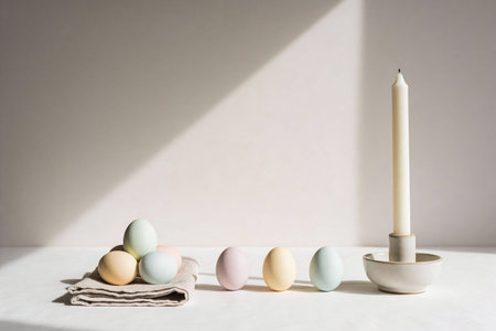 A minimalist composition featuring pastel-colored Easter eggs and a slender white candle in a...