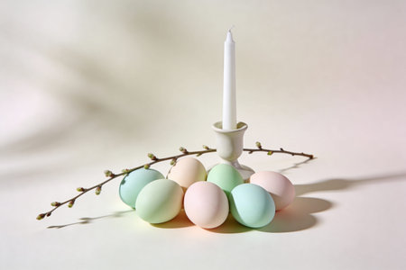 A delicate arrangement of pastel-colored Easter eggs, a white candle in a holder, and budding willow...