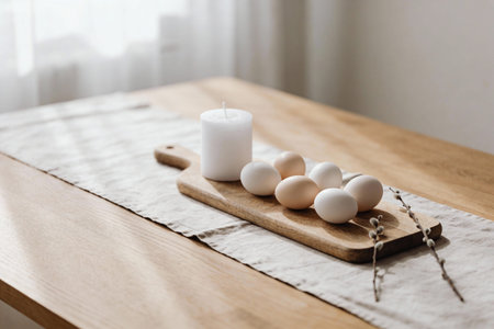 A simple and elegant Easter arrangement featuring natural eggs, a white candle, and delicate pussy...