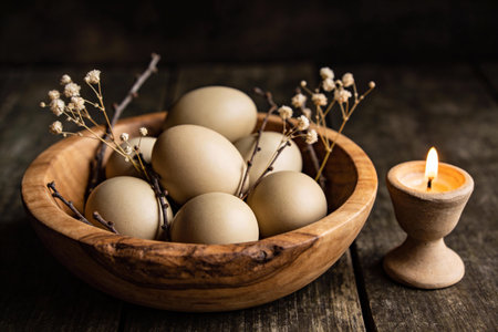 A warm, inviting scene featuring natural Easter eggs nestled in a wooden bowl, accented by delicate...