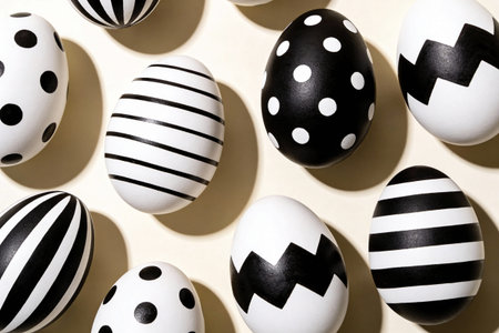A collection of Easter eggs decorated with bold geometric designs like stripes, polka dots, and zigzags in a monochrome paletteの写真素材