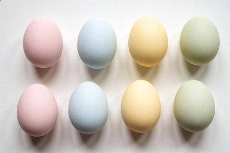 A collection of eight pastel colored eggs, four in the top row and four in the bottom row, set...