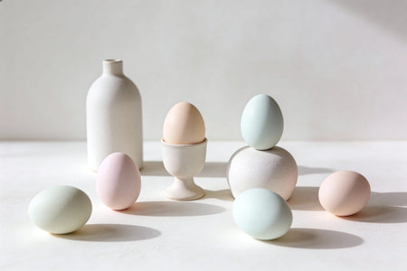 A still life composition featuring pastel-colored Easter eggs and a simple ceramic vase, bathed in...