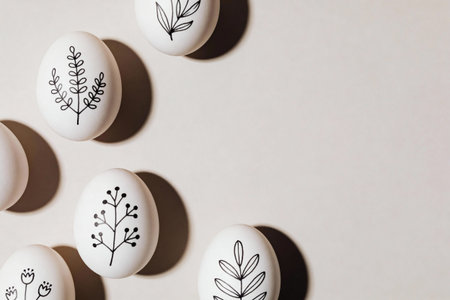 White Easter eggs adorned with simple black line drawings of leaves and branches are arranged on a...