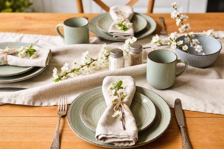 A beautifully arranged dining table features sage green plates, linen napkins adorned with blossoms,...
