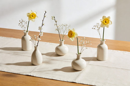 A collection of small white vases holds delicate spring blossoms and daffodils, creating a serene...