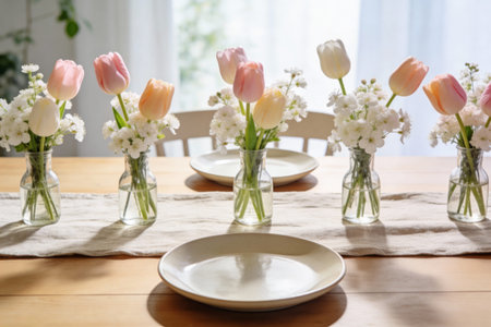 A beautifully arranged dining table features small glass vases filled with pastel tulips and white...