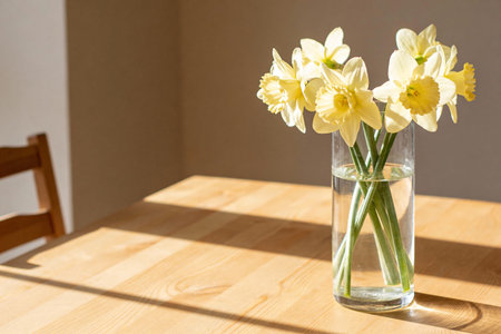 A simple arrangement of fresh yellow daffodils in a glass vase sits on a light wooden table, bathed in warm sunlight creating soft shadowsの写真素材