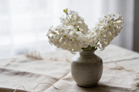 A close-up view of a bouquet of white hyacinth flowers in a small, earthy vase, set against a soft,...