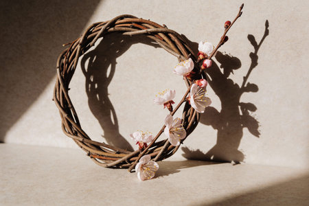 A natural twig wreath is decorated with blooming cherry branches, casting intricate shadows on a textured surfaceの写真素材